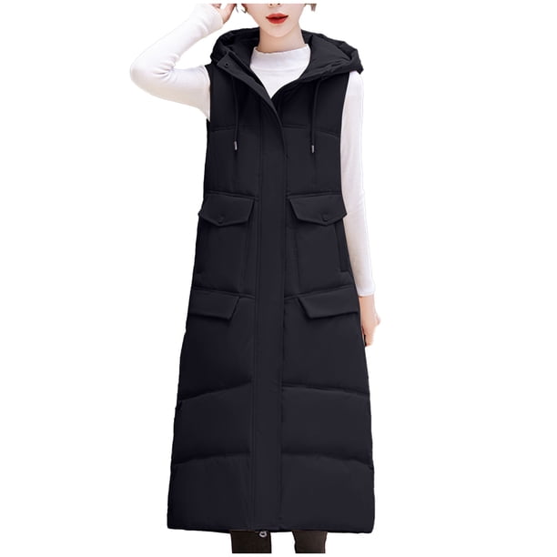 Chaqueta larga de invierno sin mangas con bolsillos para mujer, de algodón y plumón