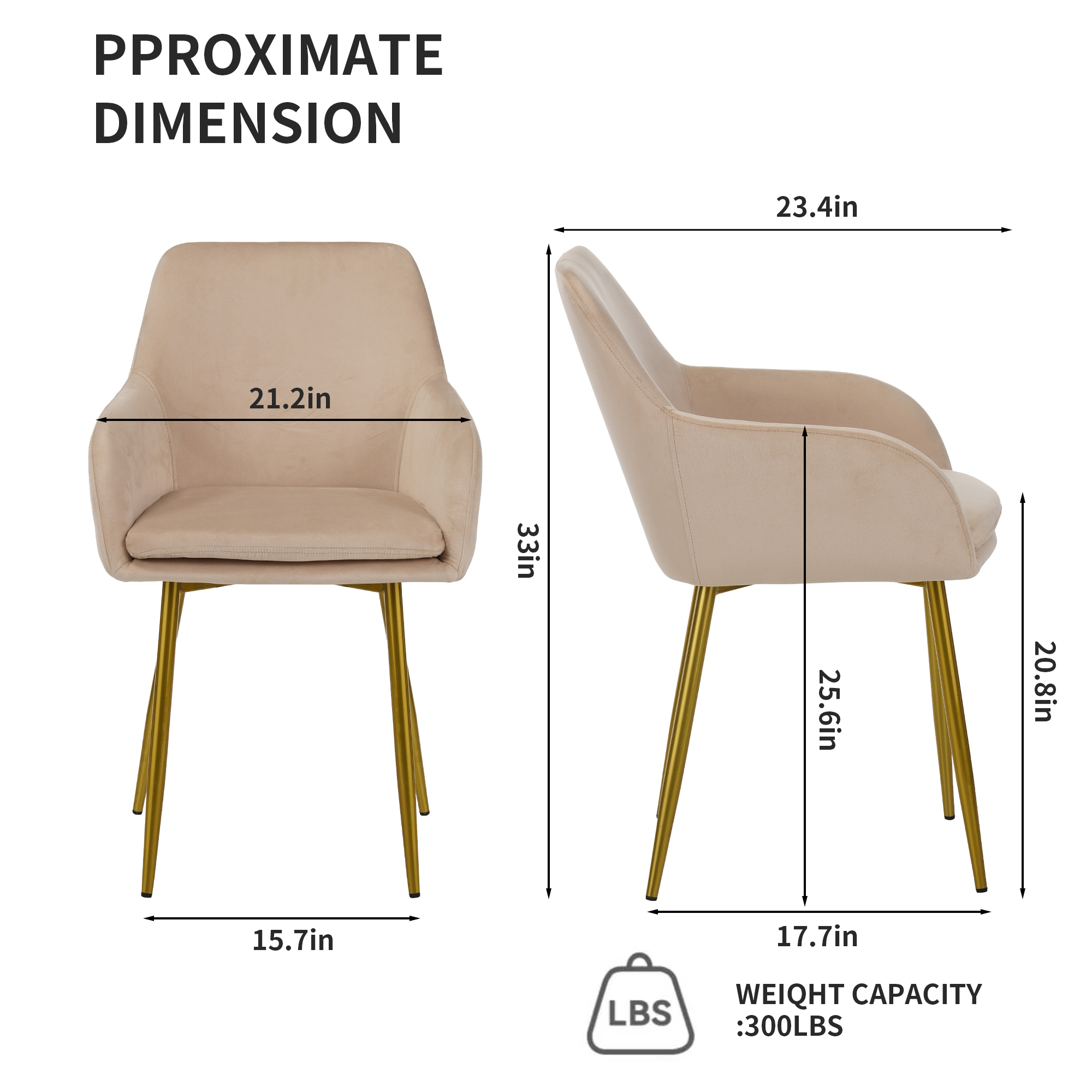 Velvet Dining Chair Set of 2, Modern Padded with Gold Metal Legs, for Dining Rooms Kitchens Vanity Tables Living Room, Easy Assembly, Beige