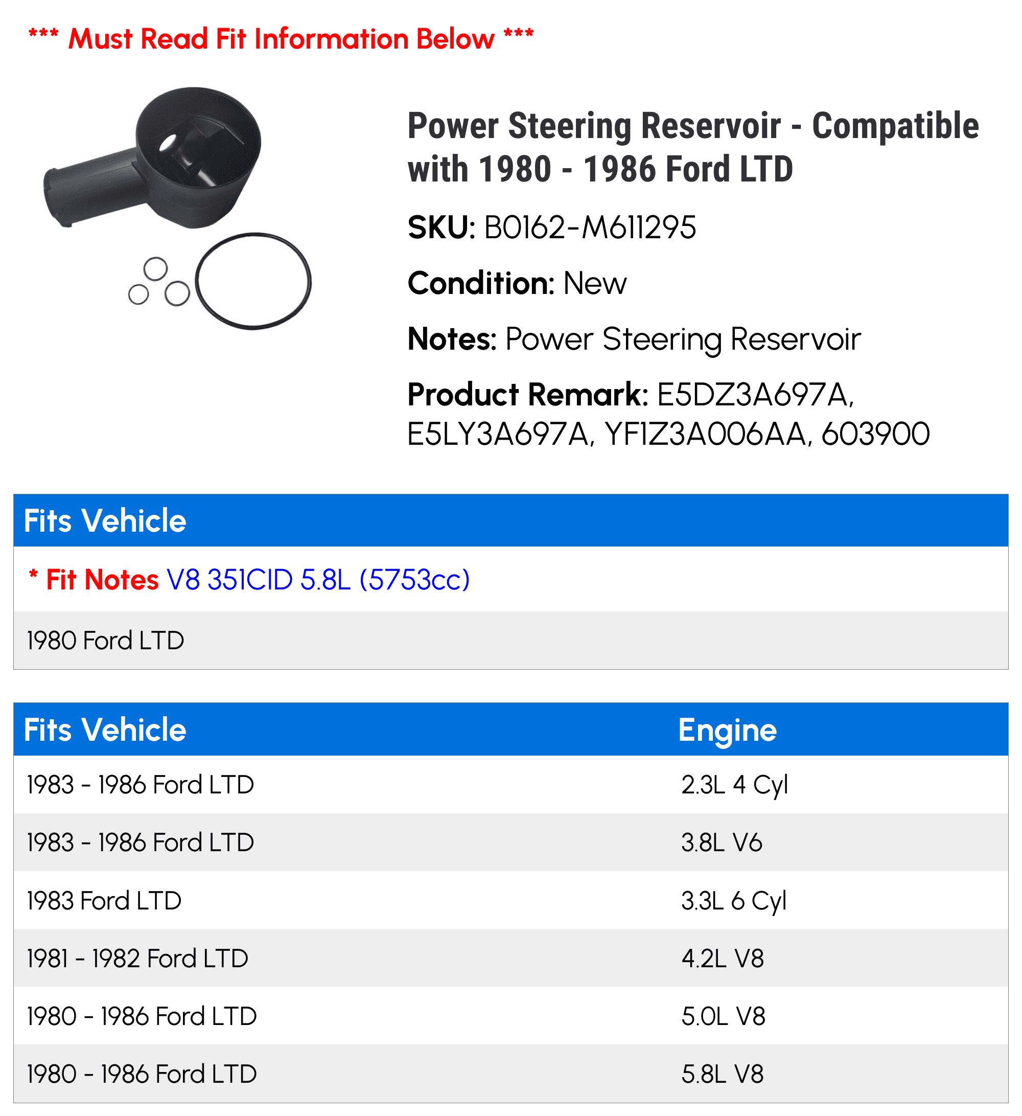 Power Steering Reservoir - Compatible with 1980 - 1986 Ford LTD 1981 1982 1983 1984 1985