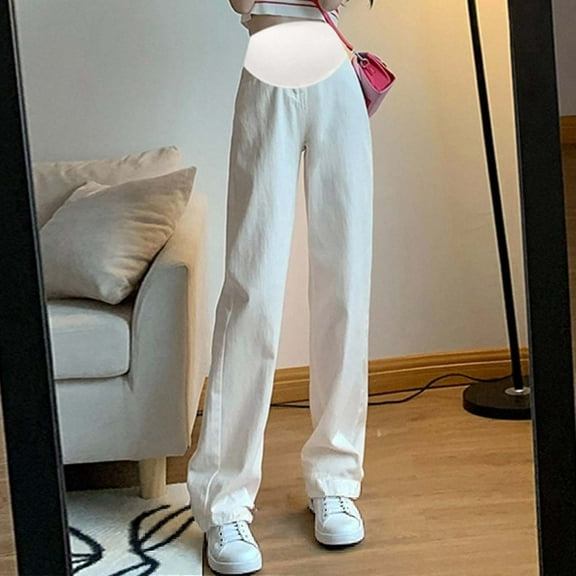 HWRETIE Belly Support Pants,Women's Maternity Wide Leg Jeans Floor Length Pants High Waisted Belly Support Straight Leg Draping Pregnancy Pants Casual Long Wear White