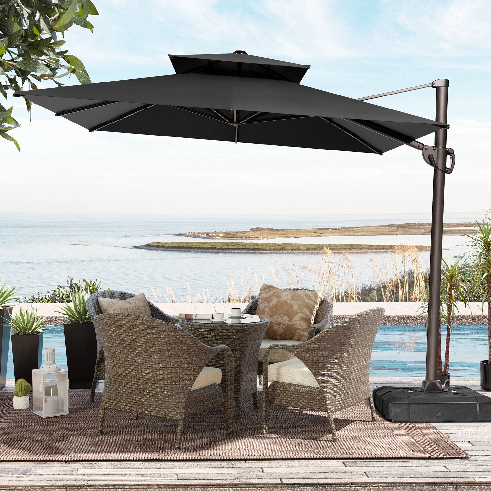 Pellebant 9 ft. x 12 ft. Rectangular Double Top Patio Cantilever Umbrella, Black
