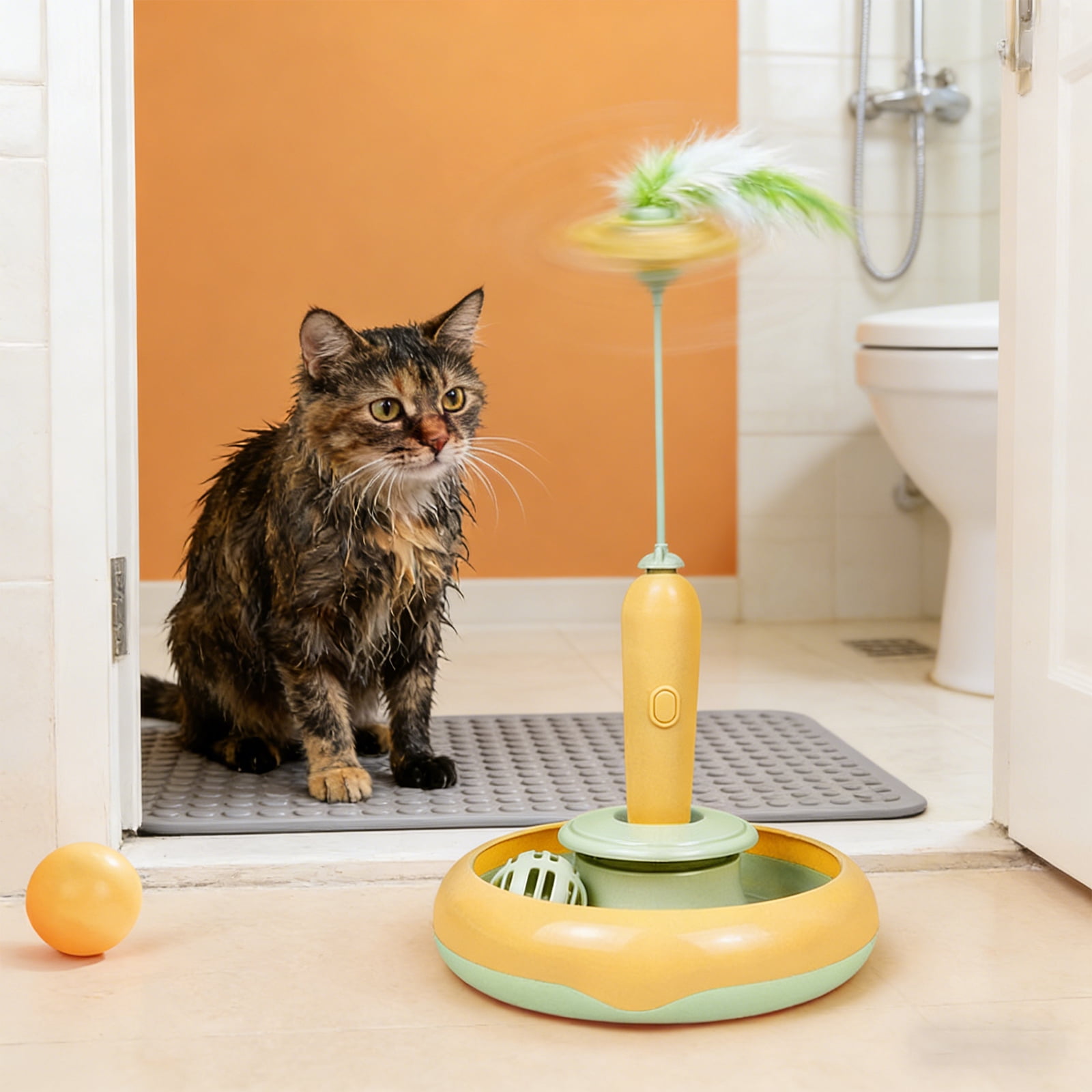 Electric Rotating Cat Turntable Toy with Feather Teaser Wand, Automatic Fishing Rod and Spinning Ball for Self-Play, Interactive Pet Playboard