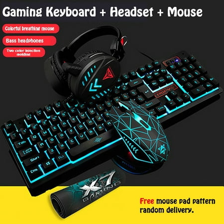 [4 Pieces/Set] Wired LED Backlit Multimedia Ergonomic USB Gaming Keyboard Mouse Combo Illuminated 1600DPI Optical Gamer Mouse Sets + Gaming Headset + Mouse