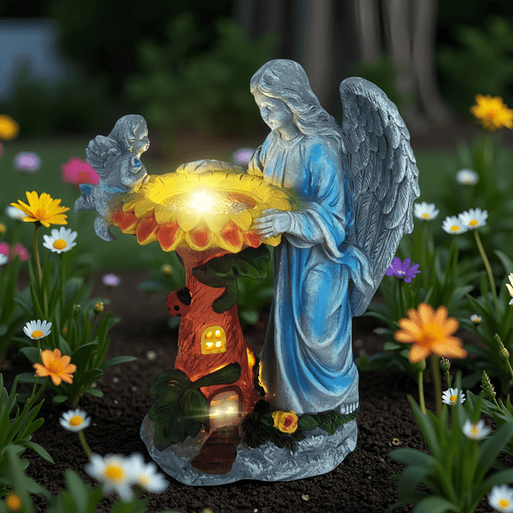 Solar Angel Fairy Garden Outdoor Decor with Color Changing Light Sunflower Statue Waterproof Sculpture LED Yard Ornaments for Patio Lawn Housewarming Gardening Gift