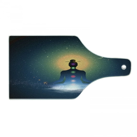 Yoga Cutting Board, Meditating Silhouette Sitting in Lotus Position Colorful s Trance Mood Happiness, Decorative Tempered Glass Cutting and Serving Board, Wine Bottle Shape, Multicolor, by Ambesonne