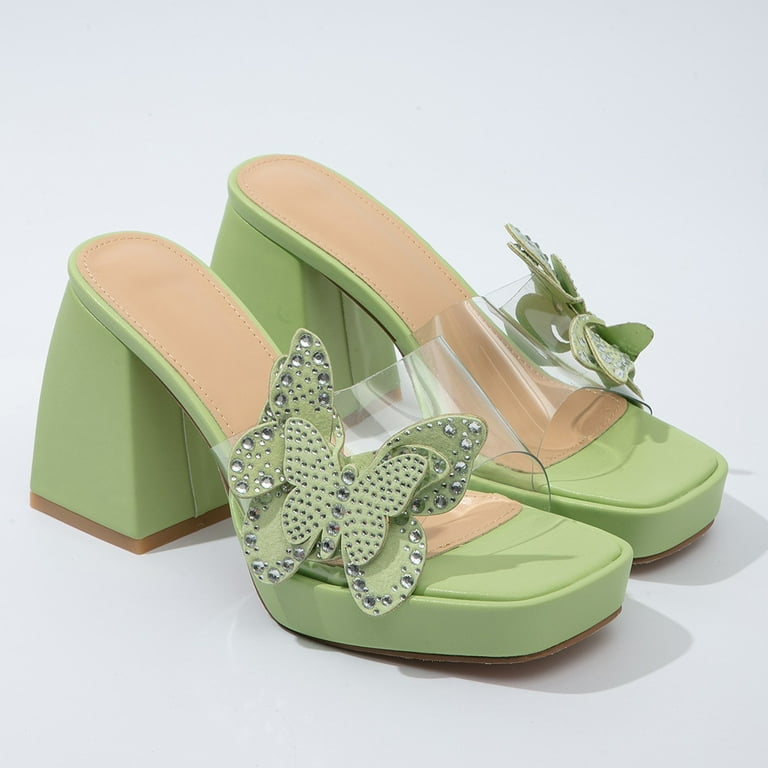 Aayomet Women' Thick High Heeled Slippers Transparent Butterfly High Heeled  Sandals Women High Heels for Women Size 12,Green 8.5