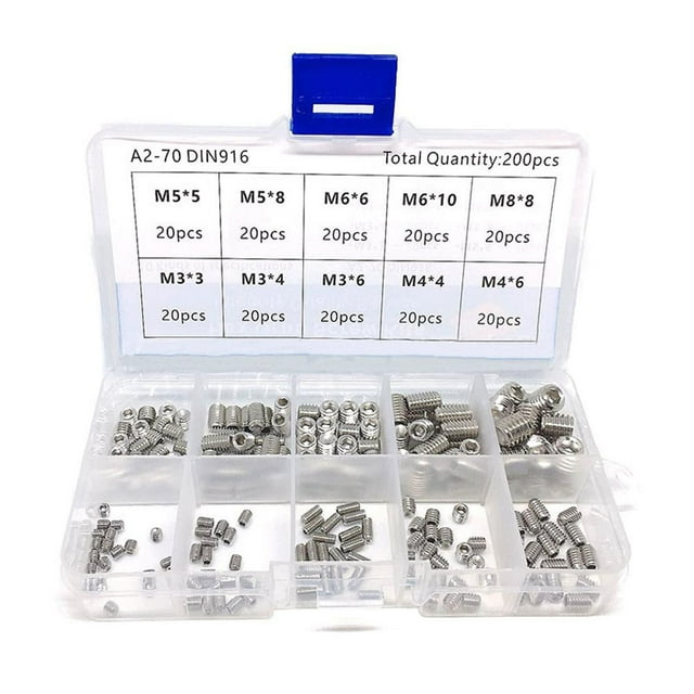 Juego de 200 tornillos prisioneros hexagonales de acero inoxidable 304, surtido de tornillos prisioneros M3/M4/M5/M6/M8 empaquetados en una caja organizadora