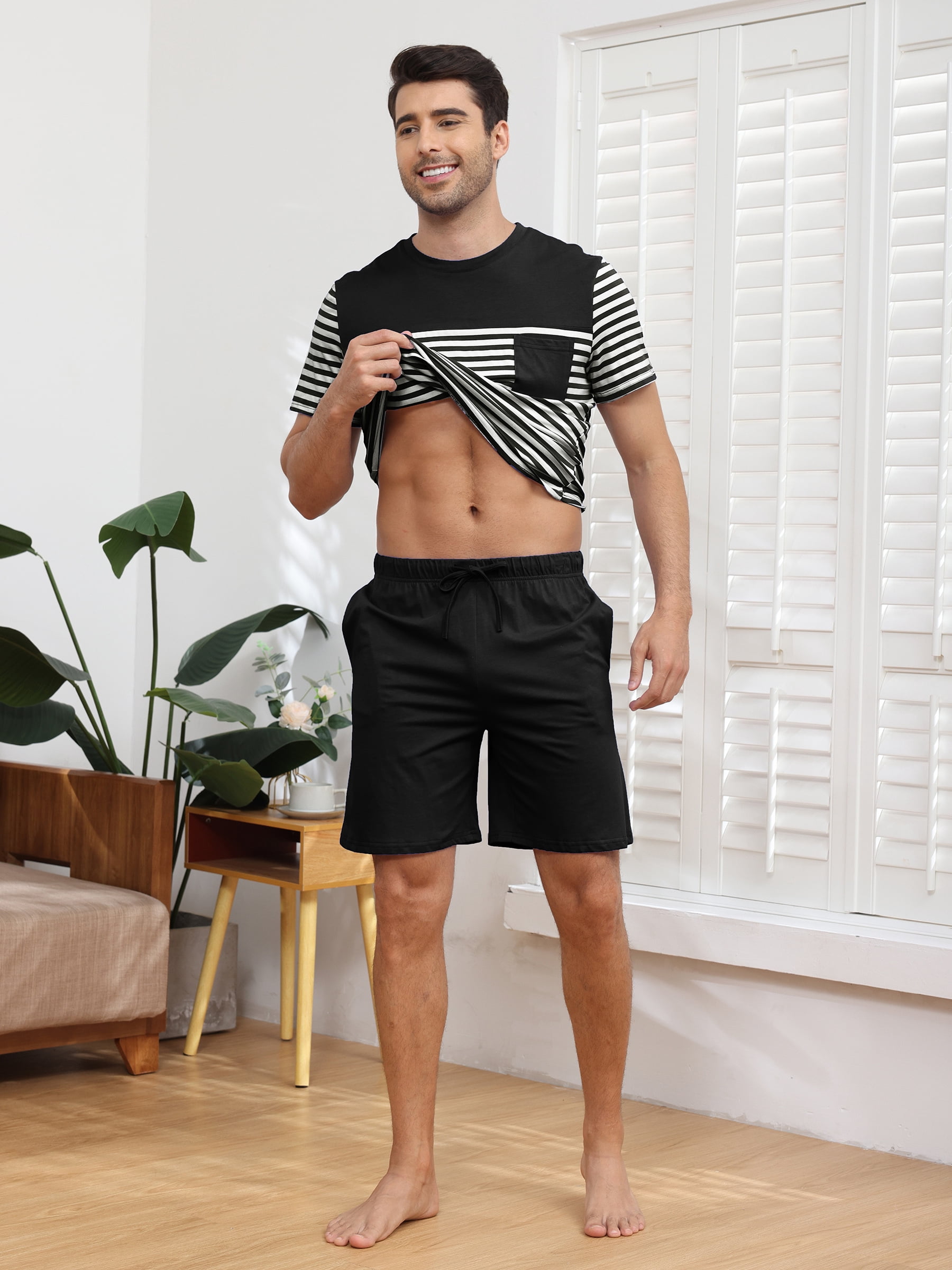 Men's Short Sleeve Pajama Sets 2 Pieces Men Cotton Pajamas Sets with Shorts Men Summer Sleepwear Set with Pockets, S-XXL