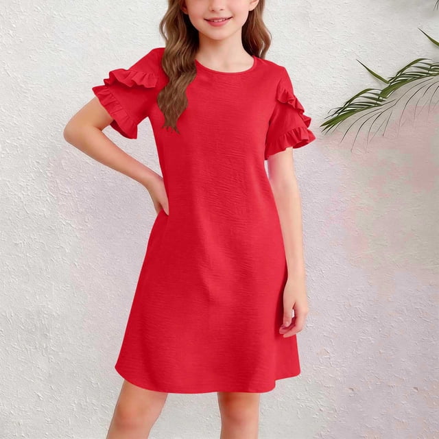 EGNMCR Robe Unie à Manches Courtes et Col Rond pour Enfants, Jupe Décontractée Confortable pour Filles, Polyester