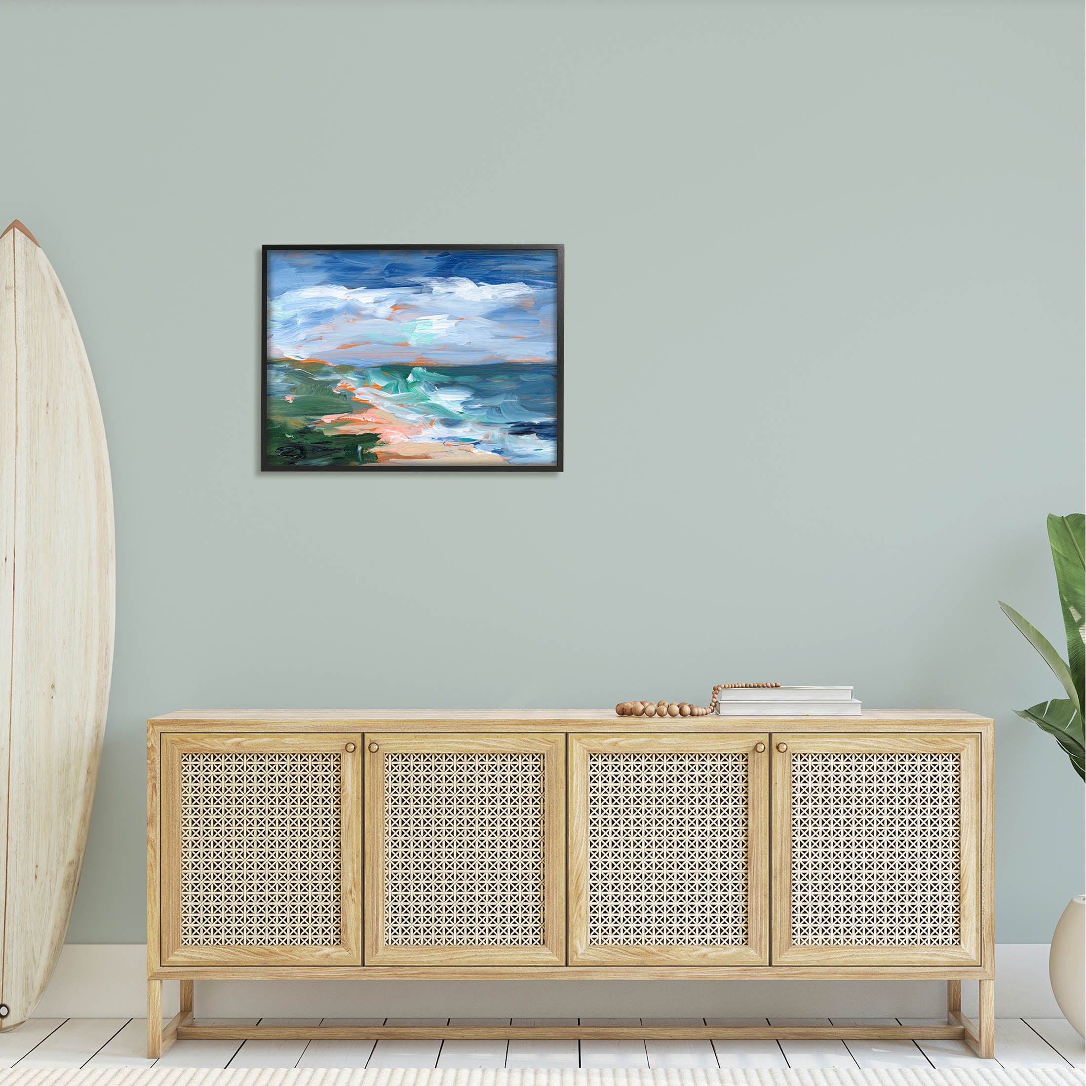 Crashing Beach Waves Abstract Scene Landscape Painting Black Framed Art Print Wall Art