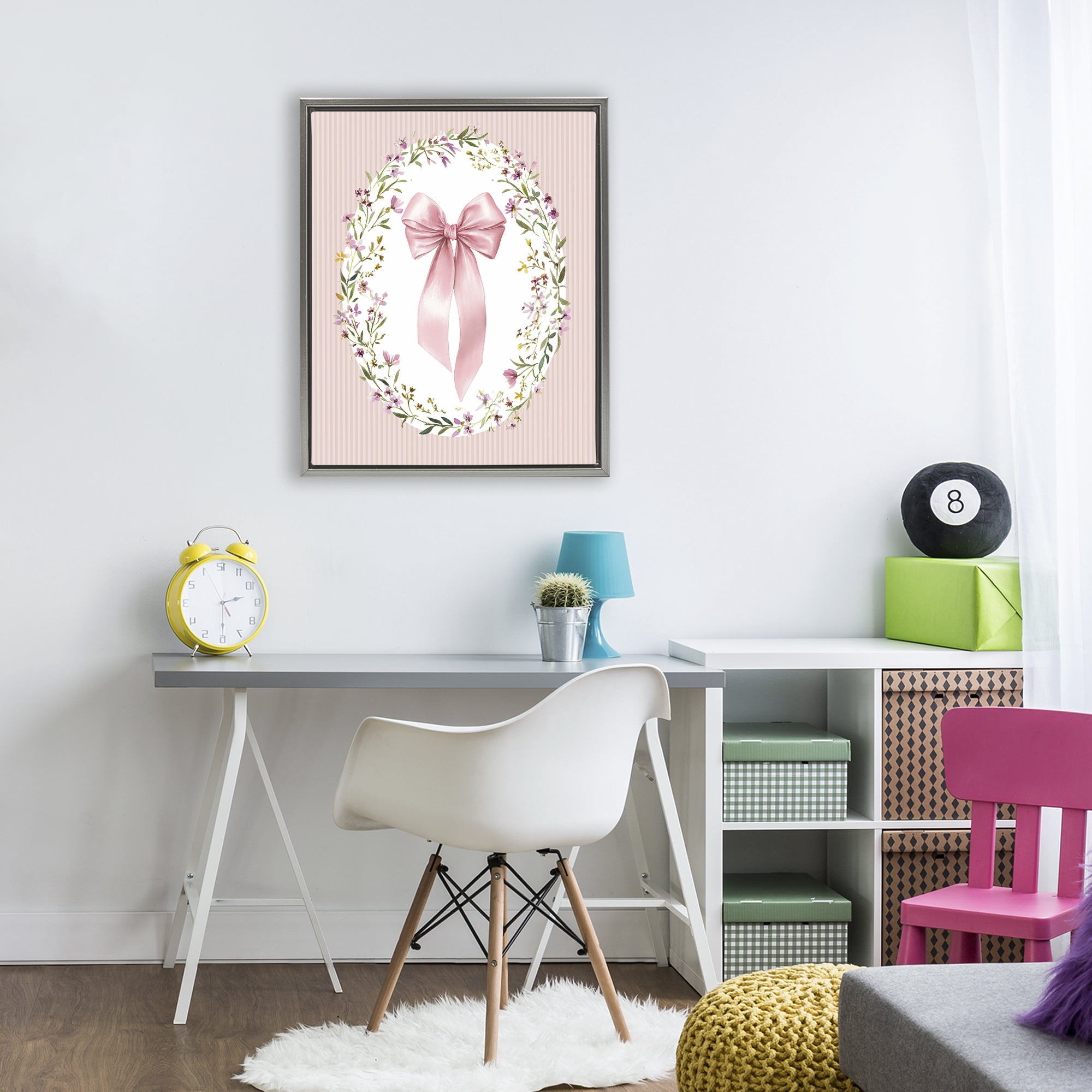Stupell Industries Ribbon with Oval Florals Gray Framed Floater Canvas Wall Art, design by Christine Simpson Art