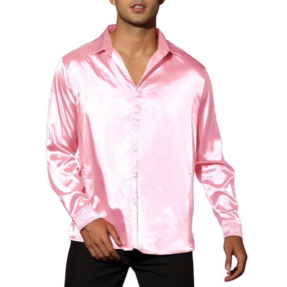 INSPIRE CHIC Men's Dress Satin V Neck Long Sleeves Button Down Party Shirts S Pink