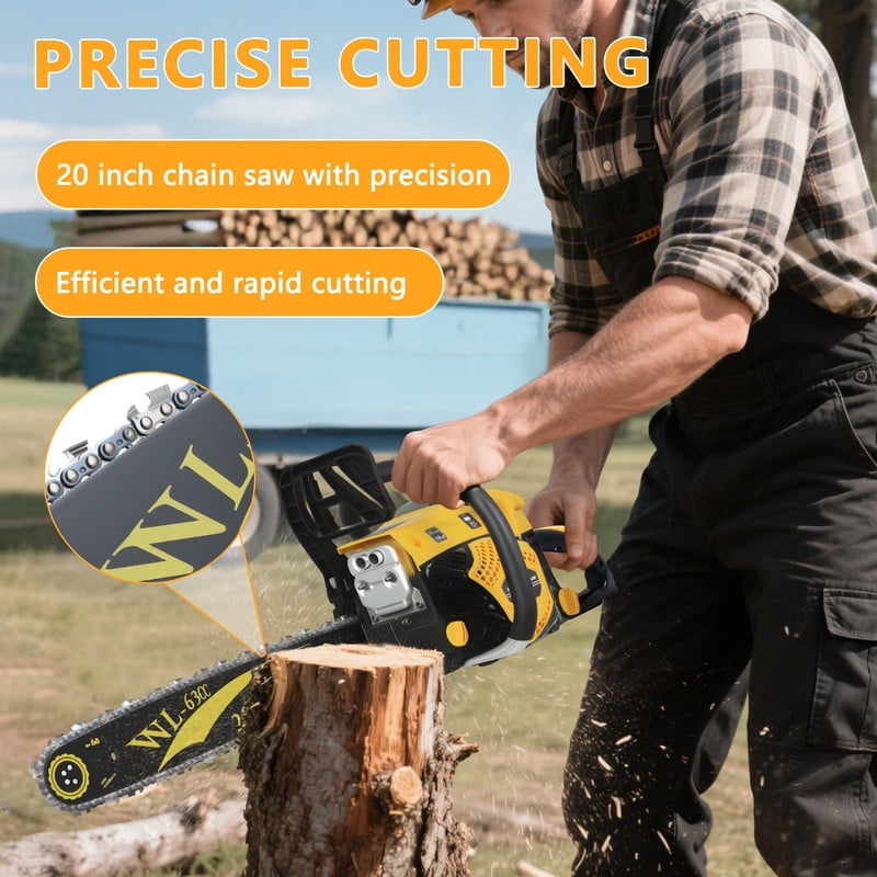 YNCE 63CC Gas Powered Chainsaw 20 Inch, Lightweight Top Handle Handheld Chainsaw with Quenched Chain, Auto Lubrication, Safety Lock & Quick Stop for Tree Wood Cutting
