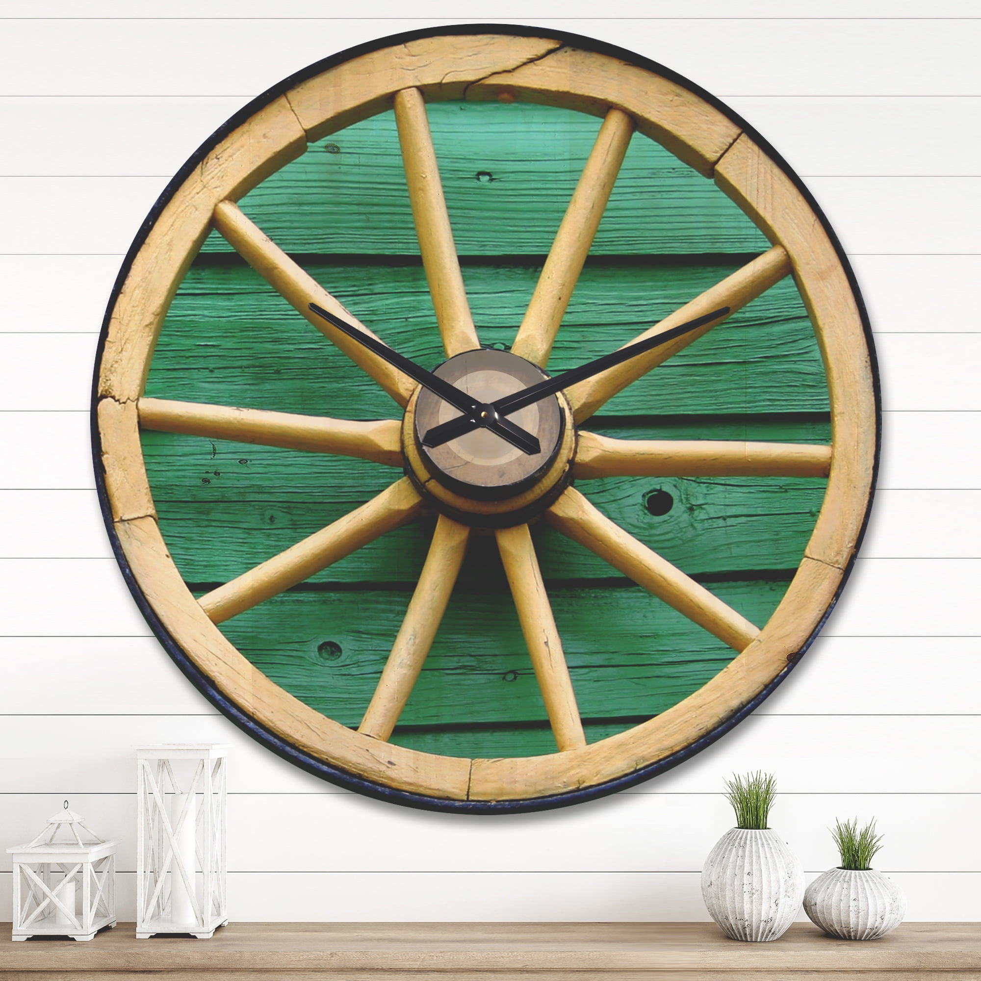 Designart 'Vintage Wagon Wheel on Turquoise Wood ' Farmhouse Wood Wall Clock