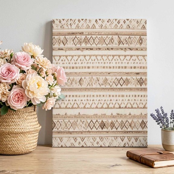 Beige Stripes Canvas Wall Art for Living Room, Boho Vintage Abstract Tribal Ethnic Plaid Dotted Lines Poster Print Painting for Bedroom Office Home Decoration Wall Pictures Prepare To Hang 16"x24"