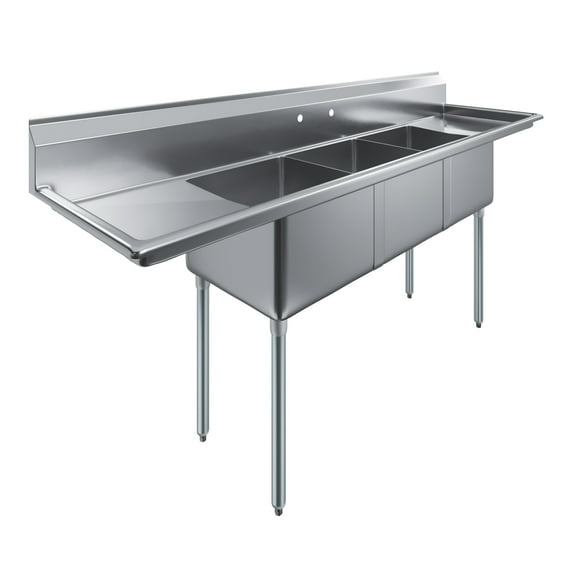 18″ x 18″ x 12″ with 18″ Left and Right Drainboards Three Compartment Stainless Steel Commercial Kitchen Prep & Utility Sink | NSF