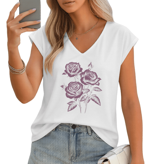 UNISHE Women's Purple Rose Print V-Neck Sleeveless T-Shirt Breathable Summer Tank Top