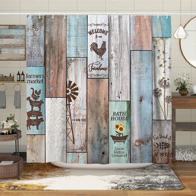 Farmhouse Rustic Shower Curtain Set Vintage Country Shower Curtains for Bathroom Wood Farmhouse