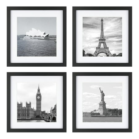 Upgraded Tempered Glass 4PCs 11x11 Square Picture Frames Black with 1 Mat for 8x8 Pictures Wood Instagram Photo Frames