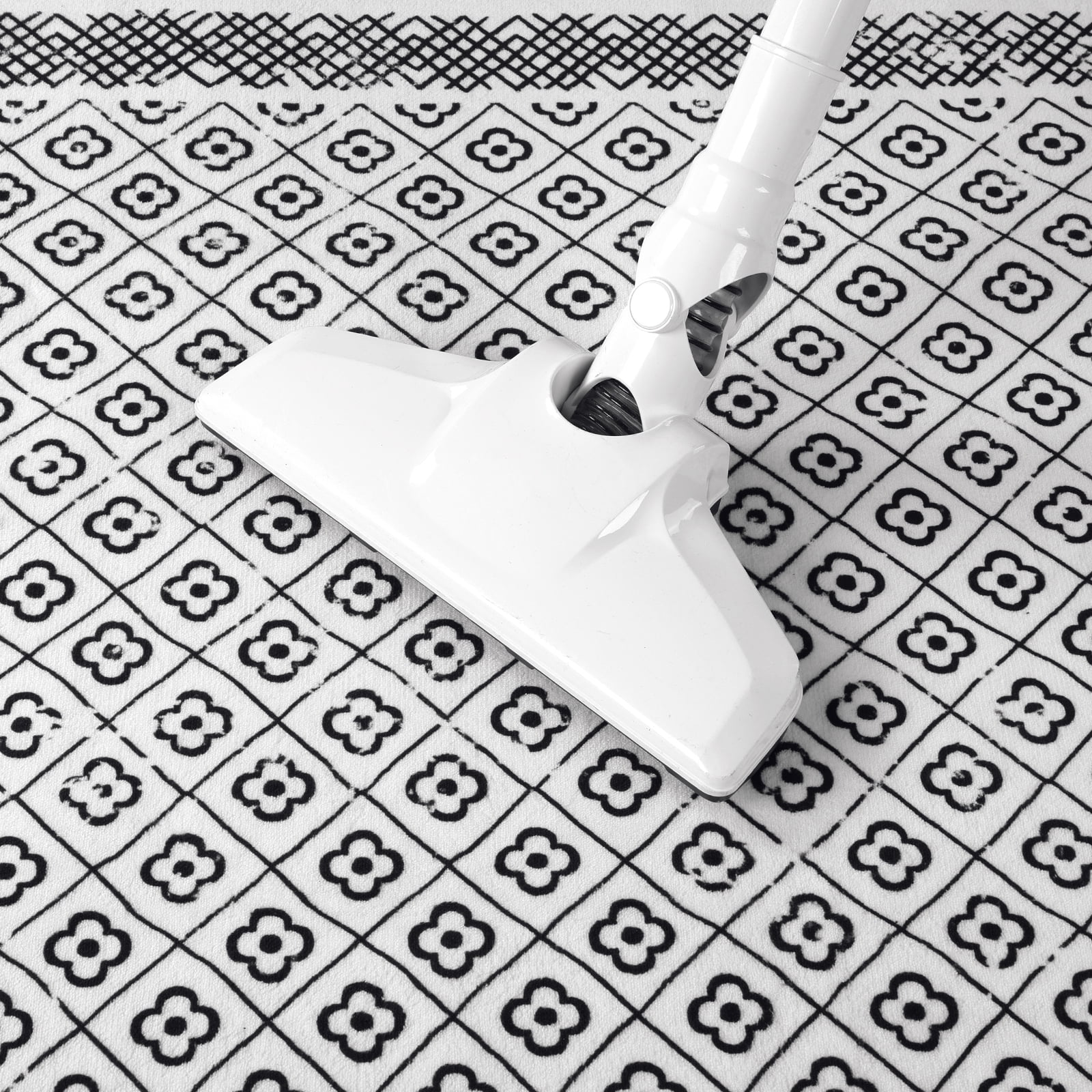 MeyJey 9'x12' Boho Floral Large Area Rug, Machine Washable Vintage Throw Rug, Non-Slip Stain Resistant Oriental Traditional Carpet for Living Room Bedroom Dining Room Office, White/Black
