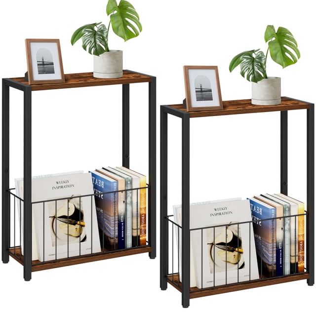 Mesa auxiliar Homleke Narrow, juego de 2 unidades con revistero, color marrón
