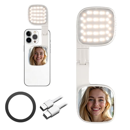 KANCOKIT Magnetic Selfie Light with Mirror & LED Rechargeable Phone Lights for Makeup Video White
