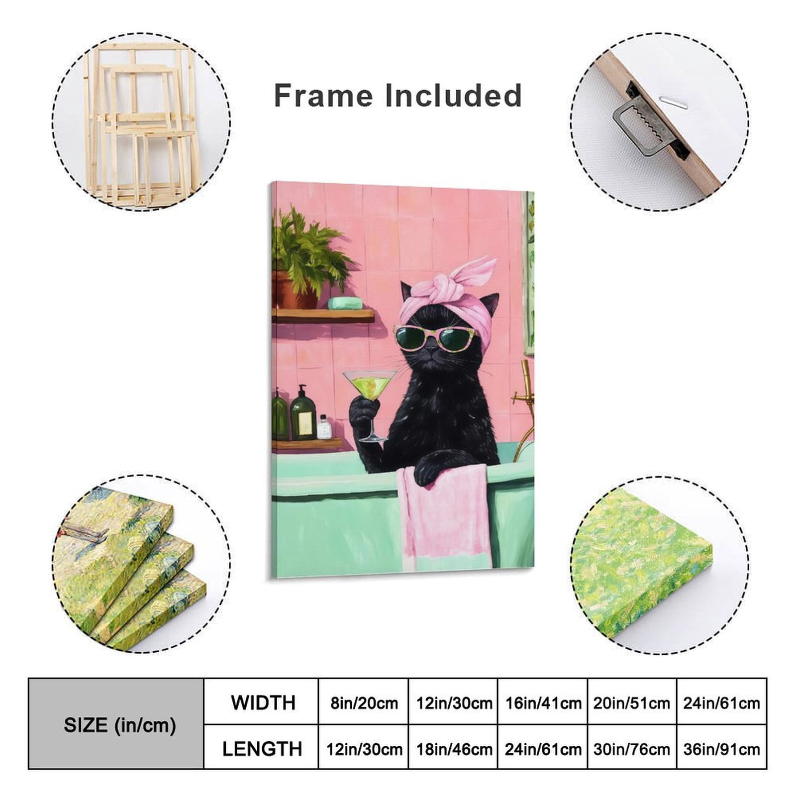 YarnArtistry Funny Bathroom Black Cat Canvas Wall Art 24 in x 16 in Framed Painting Canvas Art Prints