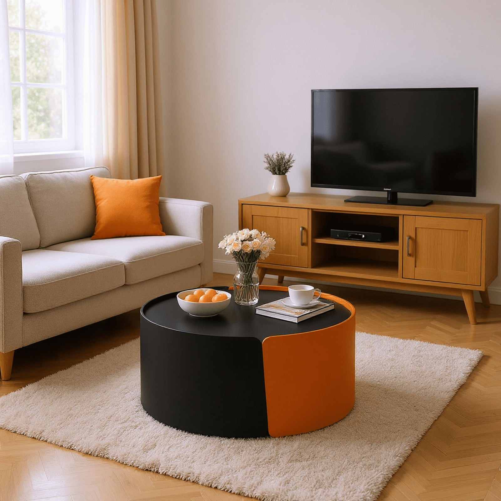 Homy Casa Modern Round Coffee Table Set with Storage, Black & Orange Finish, 2-Piece Design