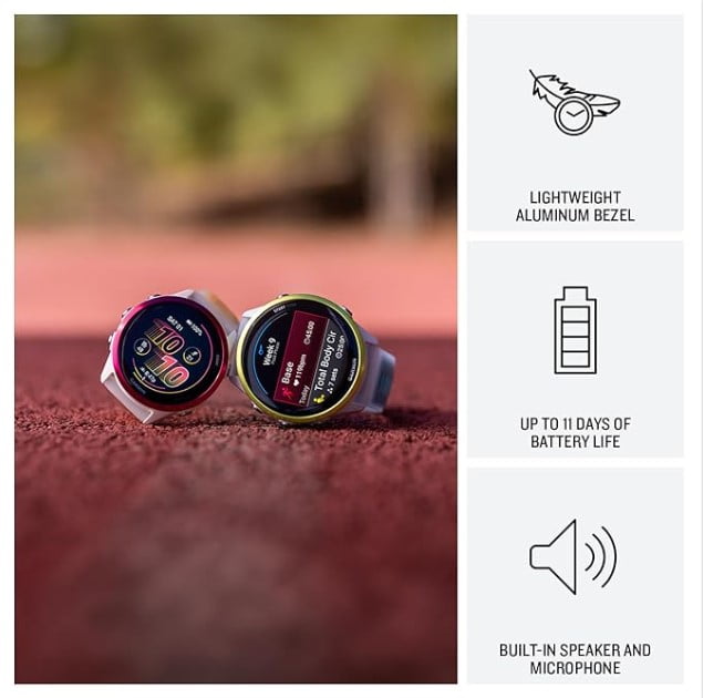 Garmin Forerunner 570 47mm Advanced GPS Running & Triathlon Smartwatch AMOLED Display Training & Recovery, Indigo Aluminum w/ Translucent Imperial Purple/Indigo Band w/ Wearable4U BLK EarBuds Bundle