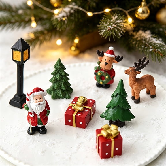 Mini Resin Christmas Figurine Set 3-Piece Santa Claus Tree Decor Gift Box Small Tree Statues for Tabletop Winter Holiday Scene Decor for Desktop and Miniature Winter Scene