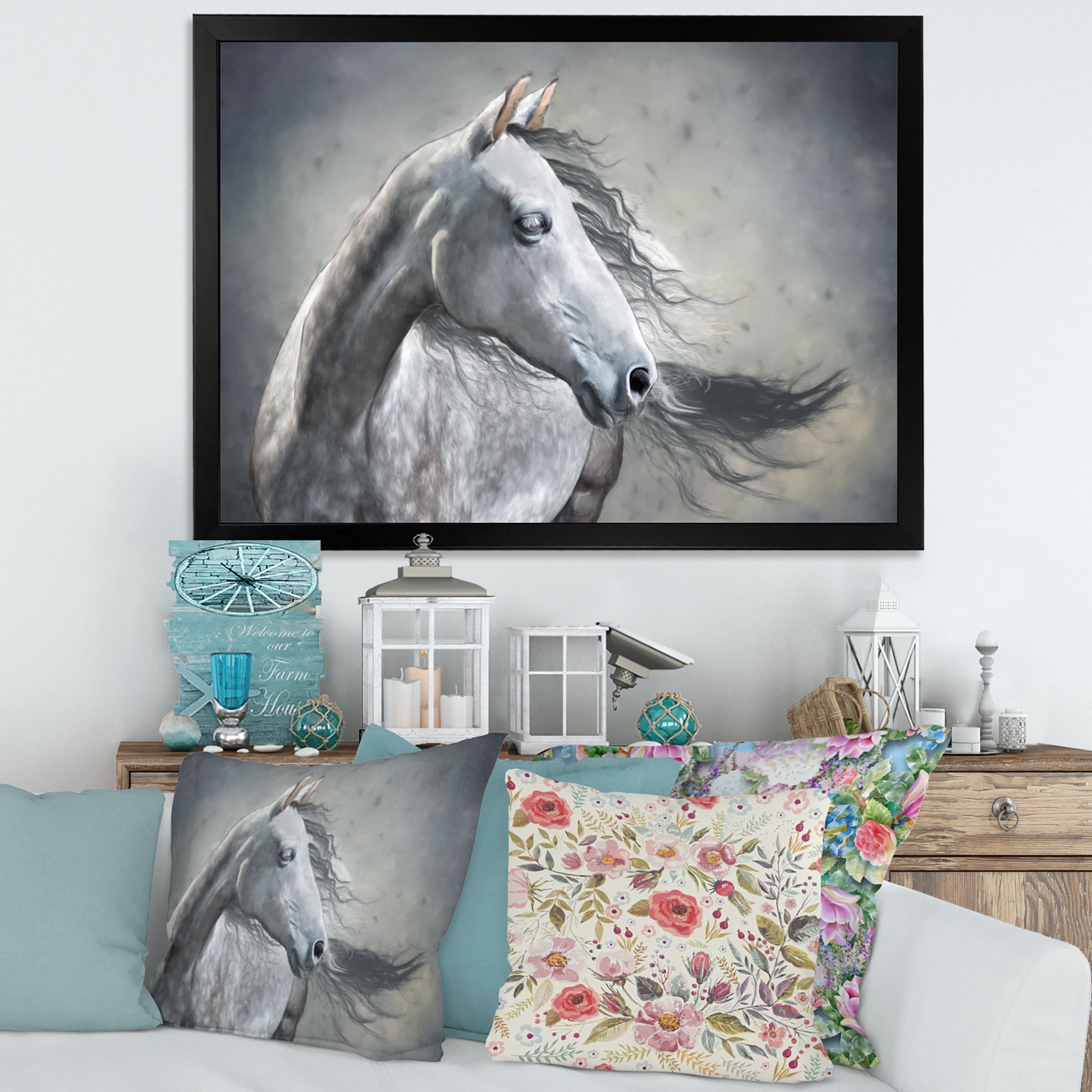 Designart 'Black and White Portrait Of A Wild Horse' Farmhouse Framed Art Print
