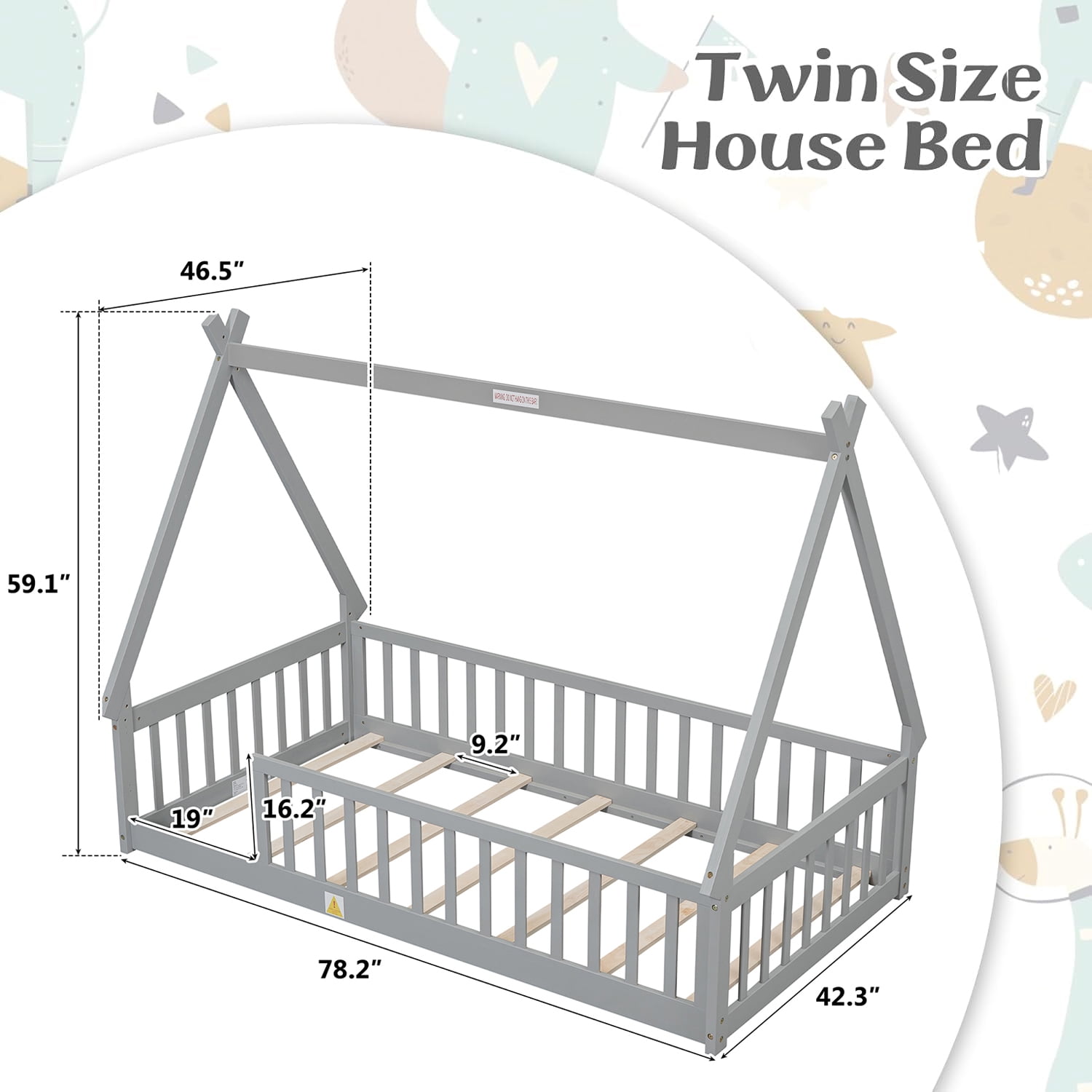 Twin Size House Floor Bed, Wood Montessori Bed Frame with Fence Guardrails, House Beds Frame No Box Spring Needed（Twin,Gray)