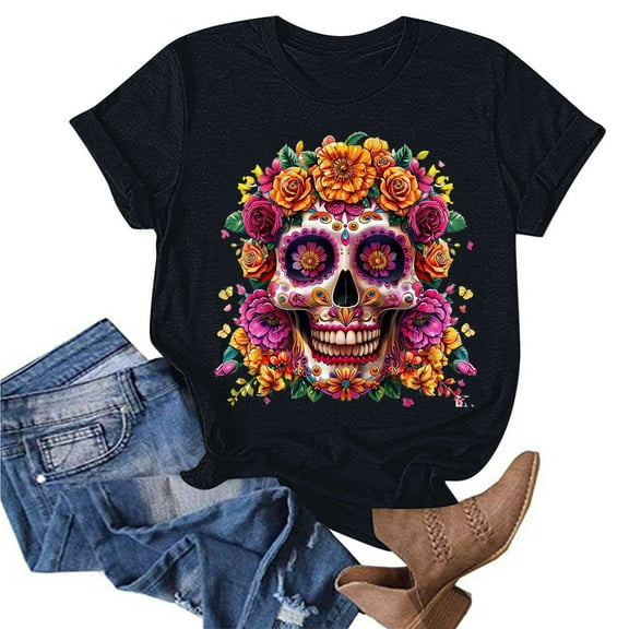 Maqroz Oversized Graphic Tshirts for Women Vintage Band Rock Concert Loose Tee Y2K Summer Midi-Skull Short Sleeve Tops