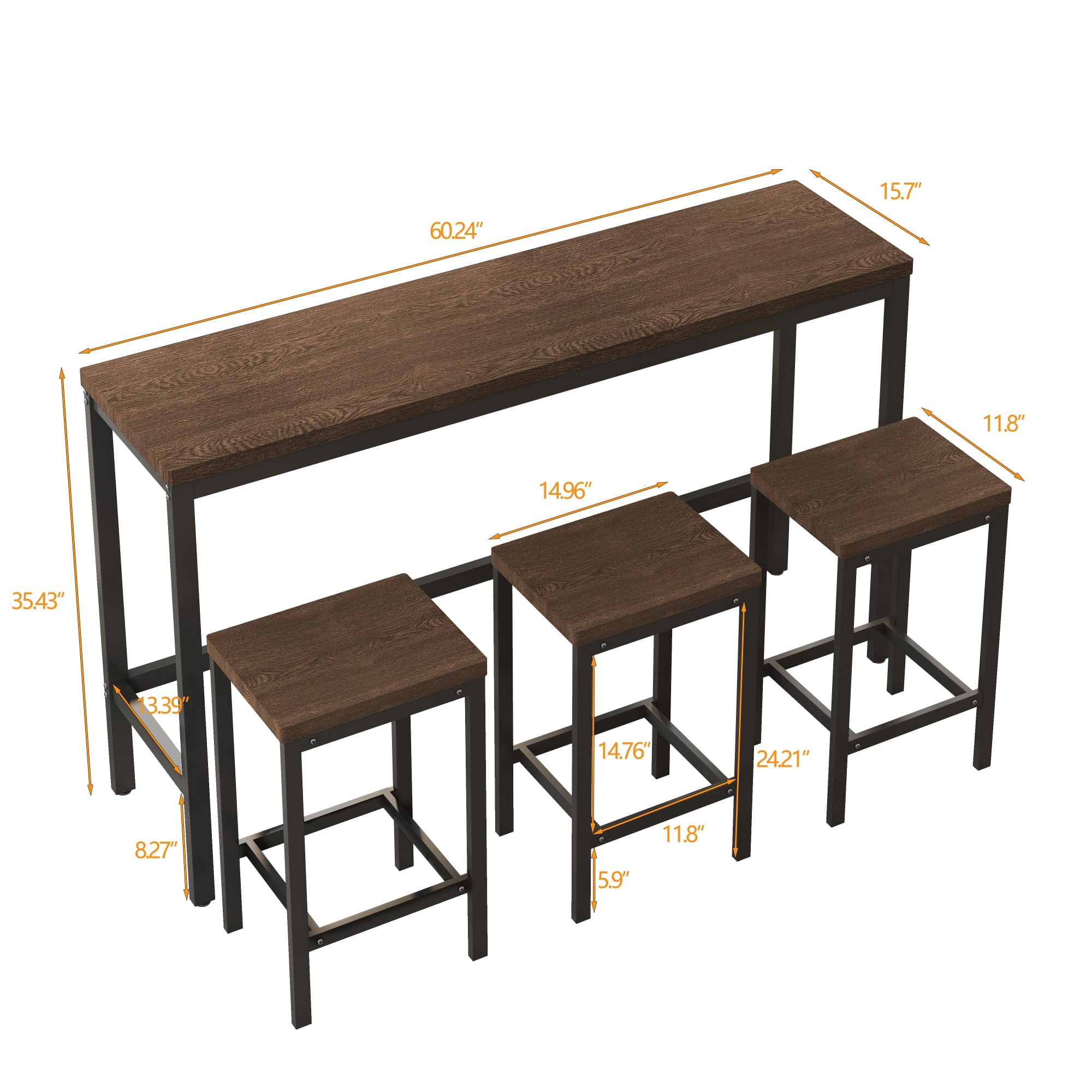 BSHTI 60.24" MDF Dining Room Table Set with Metal Frame, 3 Stools, Space-Saving Design for Kitchen Dining Room(Dark Brown)