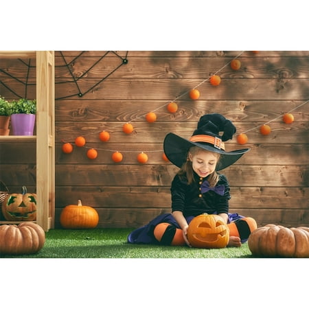 HelloDecor Polyster 7x5ft photography backdrop background indoor Happy Halloween decoration pumpkins wooden wall grass witch kids girl boys props photo studio booth