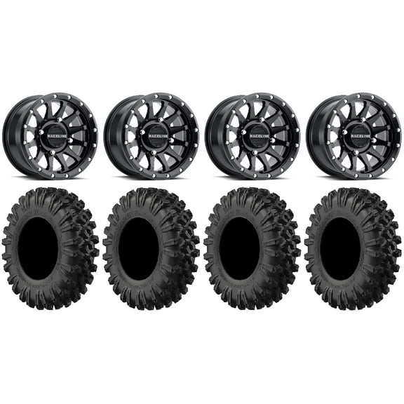Raceline Trophy 15x6 Wheels Black 32" MotoRavage XL Tires Can-Am Commander Maverick Renegade Outlander Defender