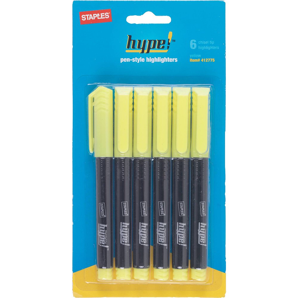 Staples Hype!PenStyle Highlighters, Yellow, 6/Pack