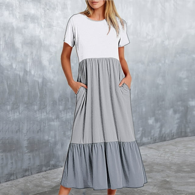 Fankiway Robe Longue Ample à Manches Courtes avec Poche et Col Rond Imprimé pour Femmes Rondes Robes de Printemps pour Femmes 2660