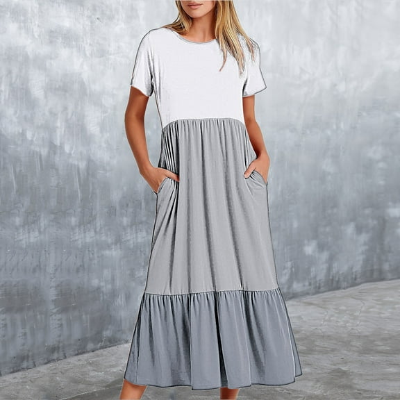Wycnly Summer Dresses for Women Maxi Dress for Women Beach Loose Flowy Pleated Ruffle Swing Long Sundress with Pocket Women Vintage Color Block Round Neck Short Sleeve Maxi Sundresses