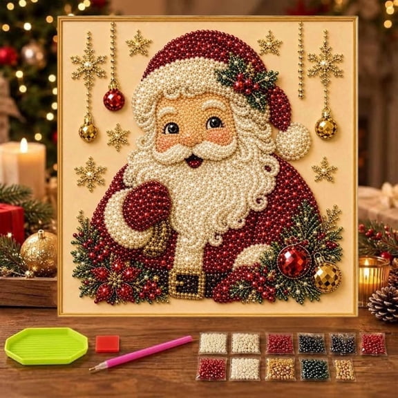 DIY Christmas Pearl Diamond Painting Art Kit with Frame, Low Difficulty 3D Pearl Craft Kit For Leisure Hours, Xmas Hanging Decor, Decorative Piece For Bedroom And Console Tables
