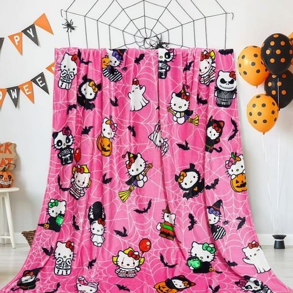 Pink Halloween Blanket Gifts for Women Girls Kids, Cute Hello Kitty Throw Blankets