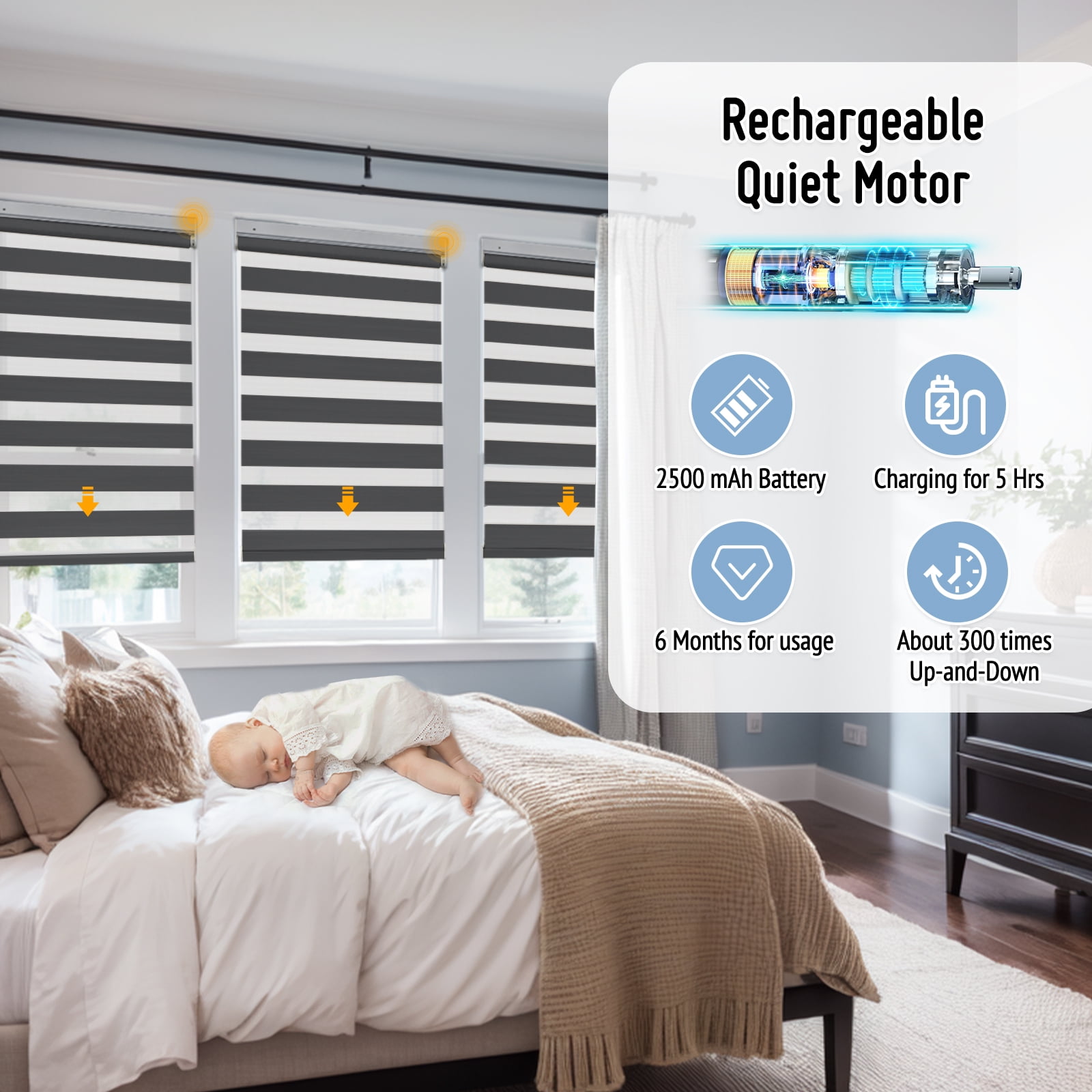 Keego No Drill No Tool Motorized Zebra Shades Blinds Remote Control Dual Layer Roller Shades Blackout Window Treatment - Charcoal, 25"W x 40"H