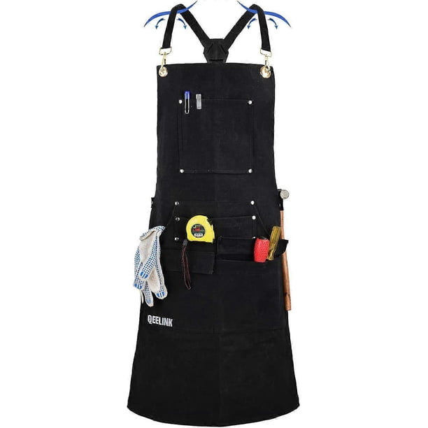 Work Apron with 10 Tool Pockets, Men's Woodworking Fireproof Apron, Woodworking Canvas Apron Adjustable M to XXXL Cross Back Tool Apron, Black
