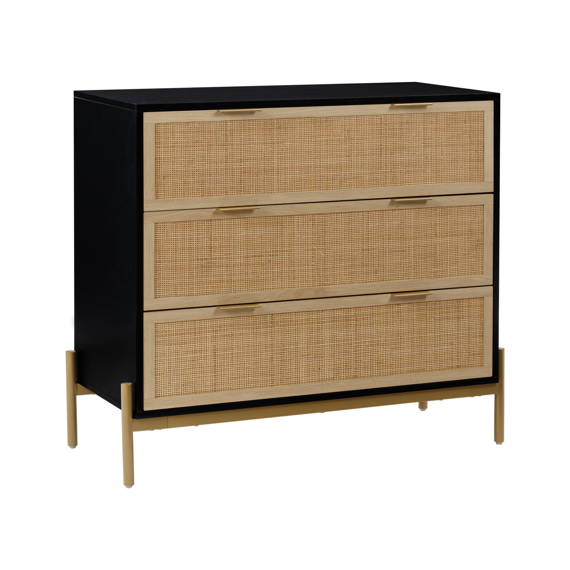 Nathan James Andrew 3-Drawer Chest Rattan Dresser, Bohemian Deep Drawer Dresser for Bedroom with Natural Rattan Accent and Metal Legs, Matte Black