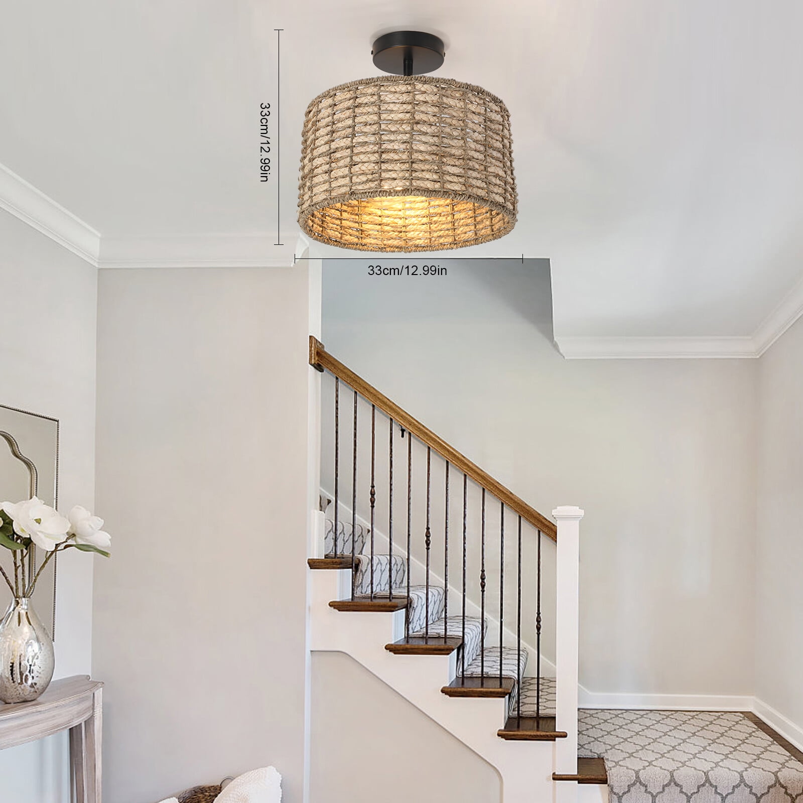 TFCFL 2-Light Vintage Rattan Pendant Light Fixture Hanging Ceiling Lamp Semi Flush Mount Chandelier
