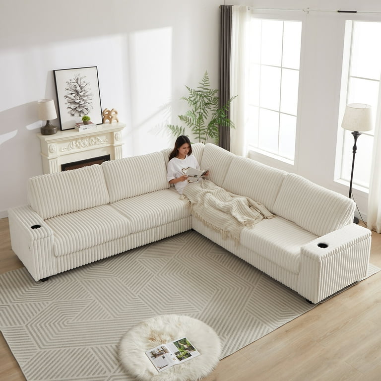 Modern 110 Inch Corduroy Corner Couch with Storage Spaces USB Ports and Cup Holders Deep Seating for Living Room Beige