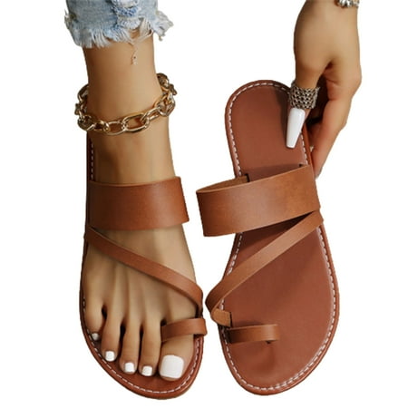 Dpityserensio Casual Flat Sandals Retro Beach Style Sandals and Slippers Large Size Women s Shoes Brown 7.5(40)