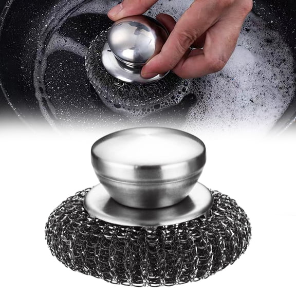 DreamyJuly Stainless Steel Scrubber with Handle, Heavy Duty Scrubbing Cleaning Brush Wash Steel Scrubber Cleaner Premium Dish Scrubber Metal Sponge Scrubber, Silver