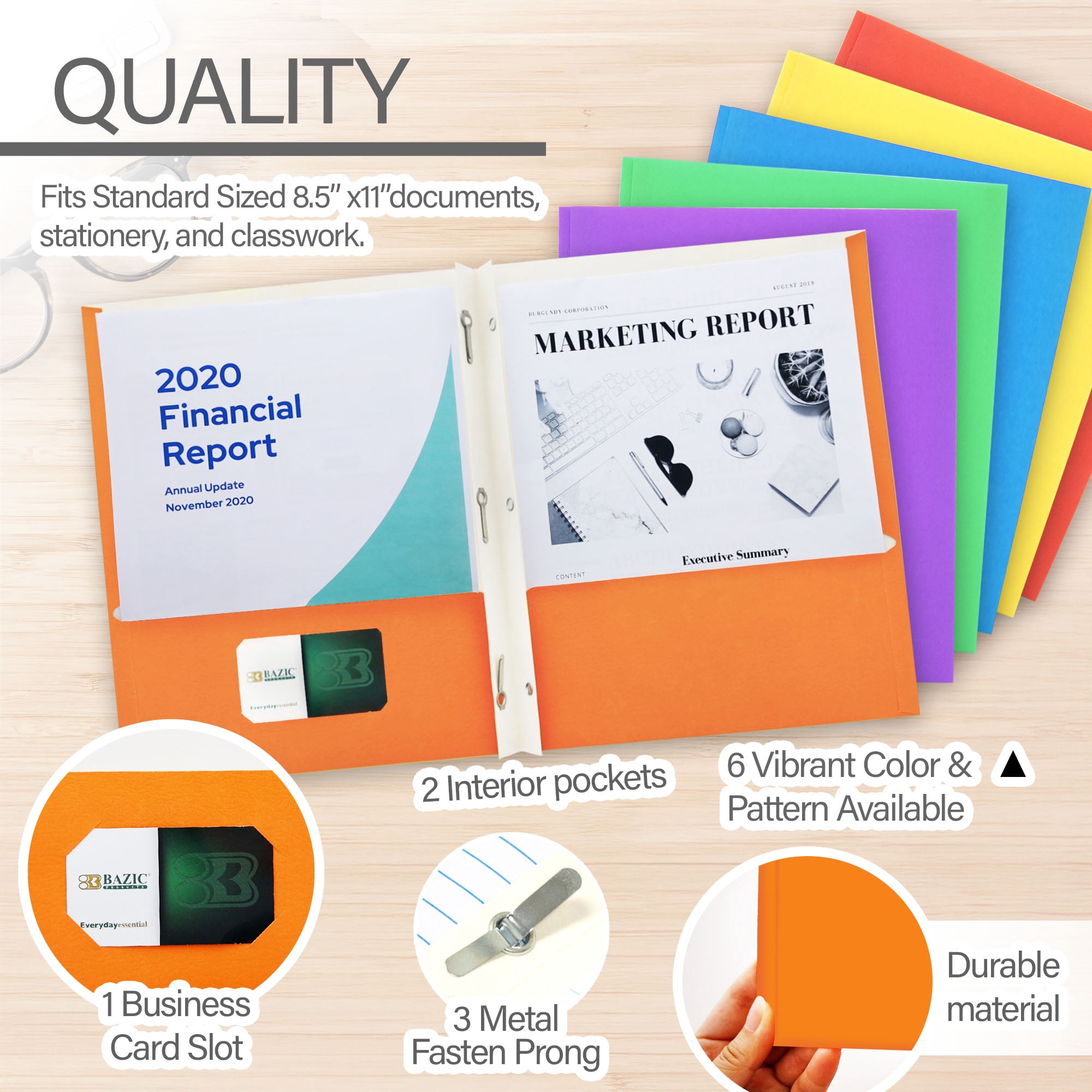 BAZIC 2 Pockets Paper Folder, 3 Prongs Fastener Clips Portfolio, 100-Pack