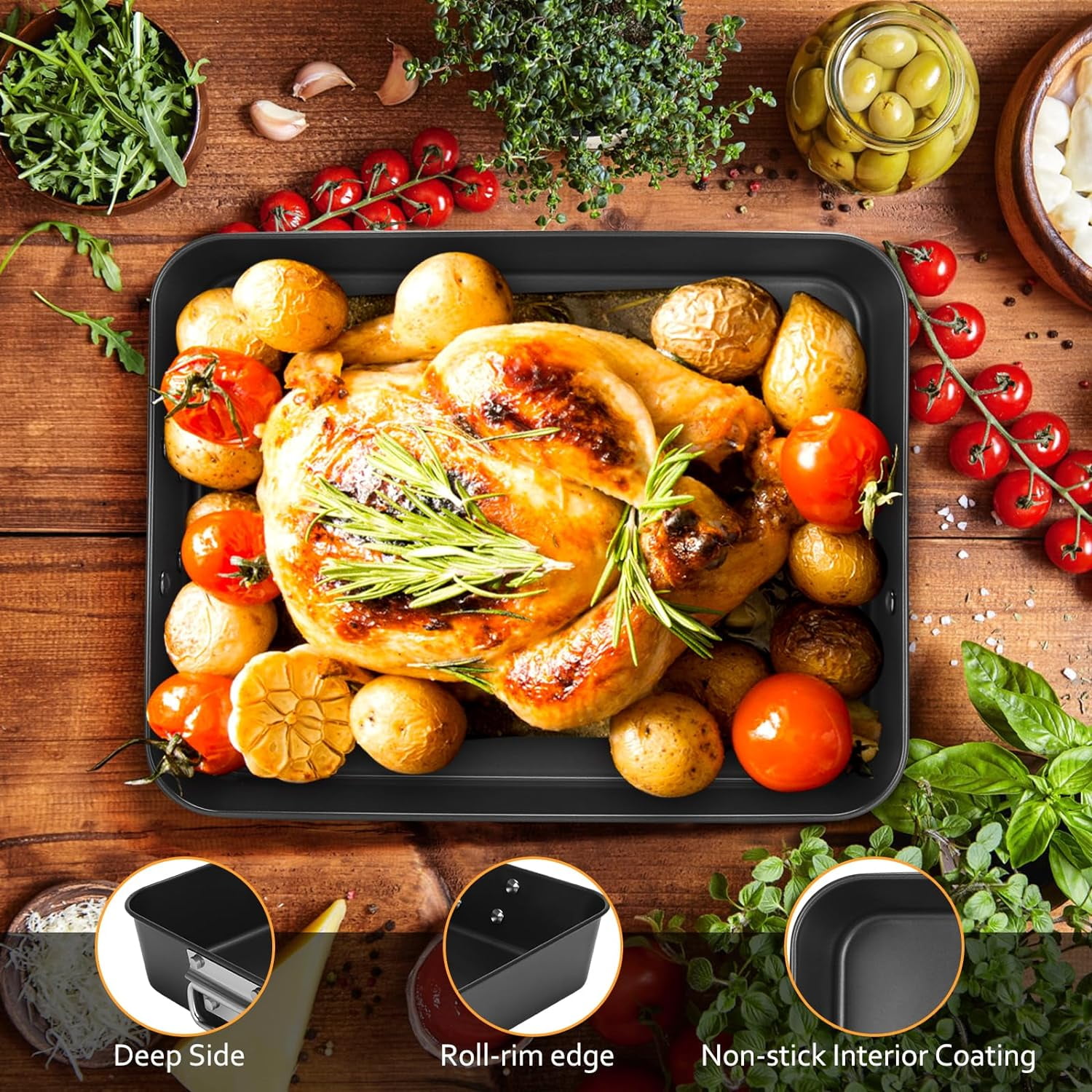 Flantor 2-Pack Carbon Steel Deep Baking Trays - Non-Stick Bakeware Set, 13.85" x 10.62" and 18" x 11.22"